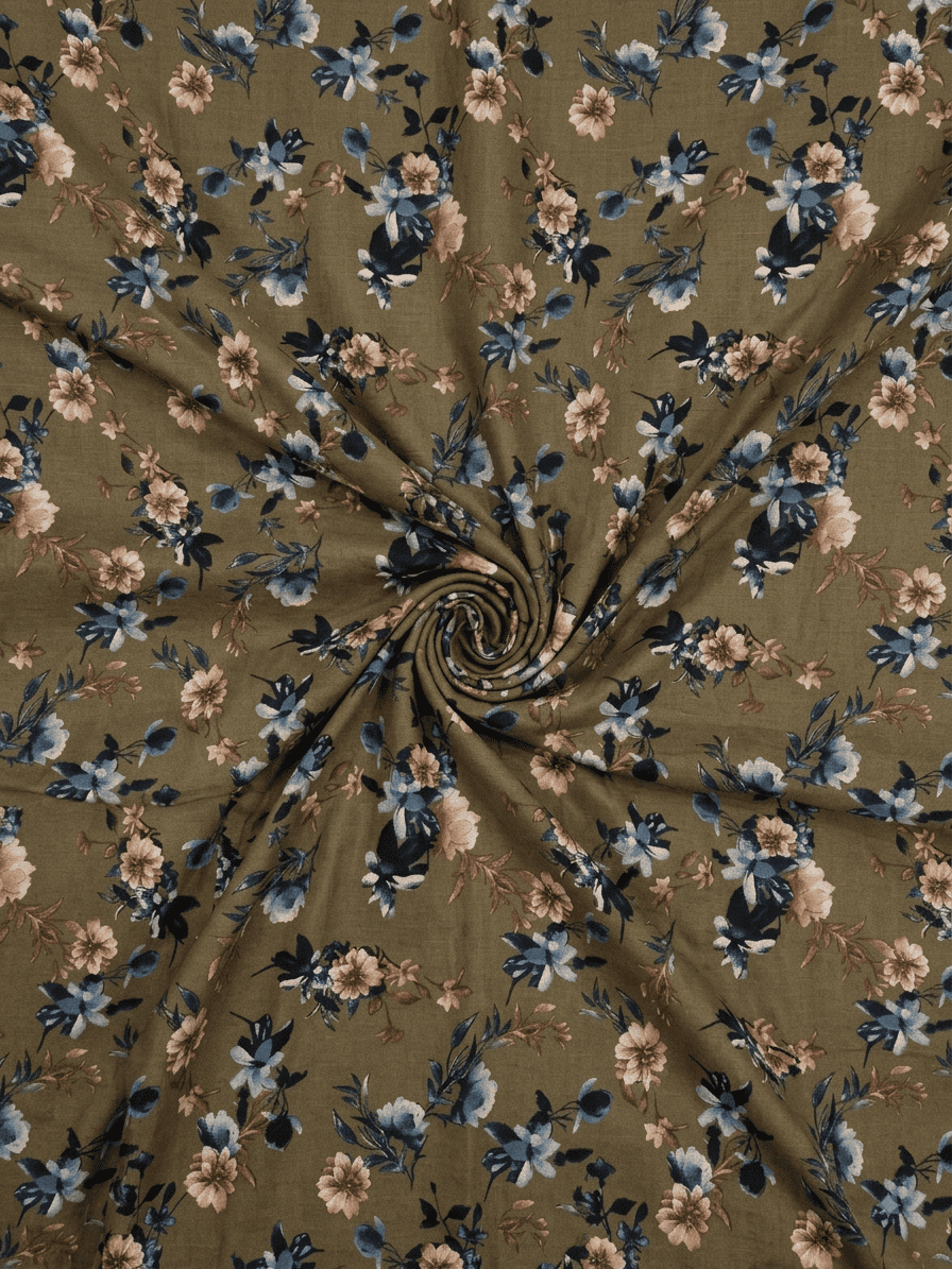 Olive Green Floral Printed Linen 2Pc | Unstitched Suit (Shirt/Trouser)D-2142