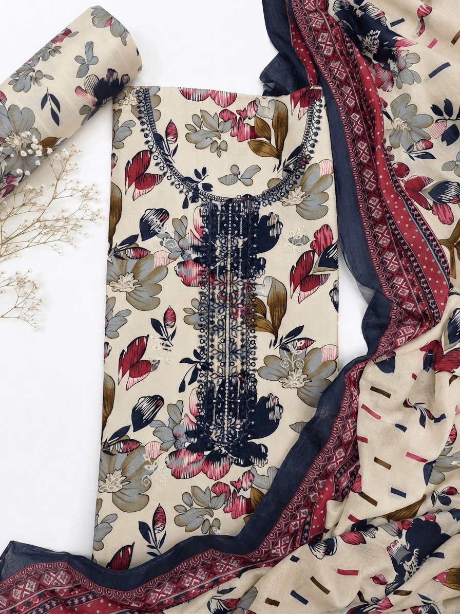 Beige & Navy Floral Linen 3Pc with Embroidered Neckline | Unstitched Suit D-2170