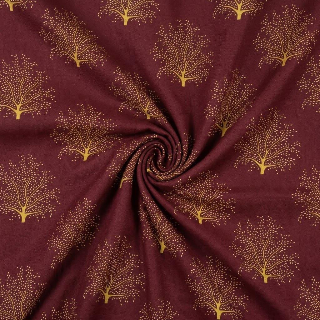 Deep Maroon & Mustard Tree Printed Linen 2Pc | Unstitched Suit (Shirt & Trouser) D-2247