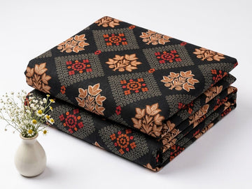 Black & Ochre Floral Block Print Khaddar 2Pc | Unstitched Suit (Shirt & Trouser) D-2258