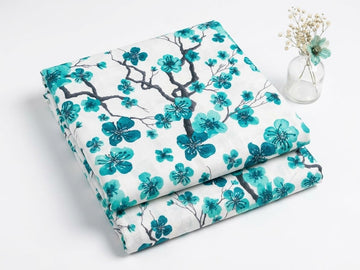 White & Aqua Blue Floral Branch Printed Linen 2Pc | Unstitched Suit (Shirt & Trouser) D-2277