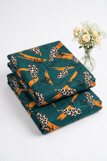 Emerald Green & Yellow Leopard  Printed Linen 2Pc | Unstitched Suit (Shirt & Trouser) D-2281