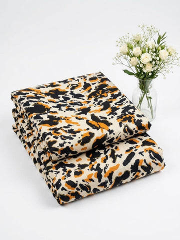 Cream, Ochre Gold & Abstract Leopard Printed Linen 2Pc | Unstitched Suit (Shirt & Trouser) D-2284