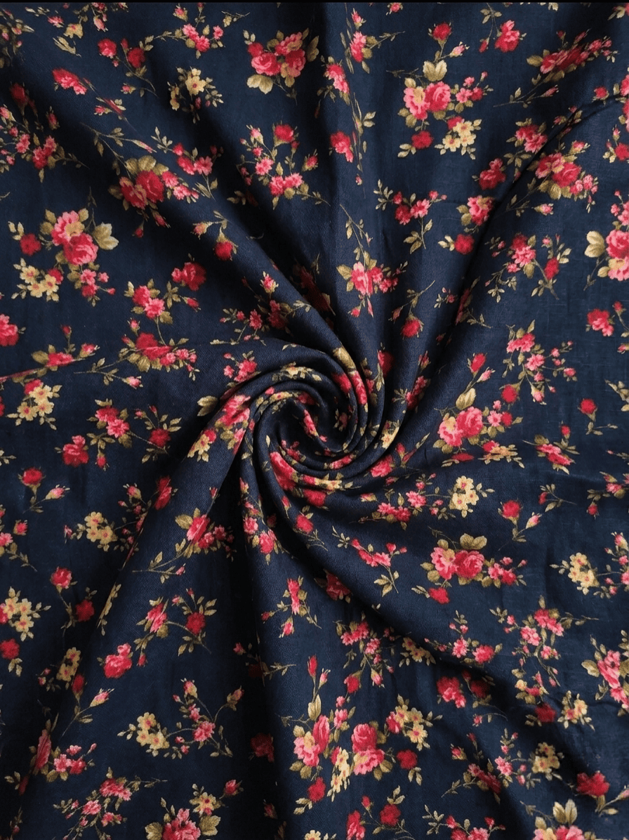 Navy Blue & Pink Ditsy Floral Printed 2Pc | Unstitched Linen Suit D-2155