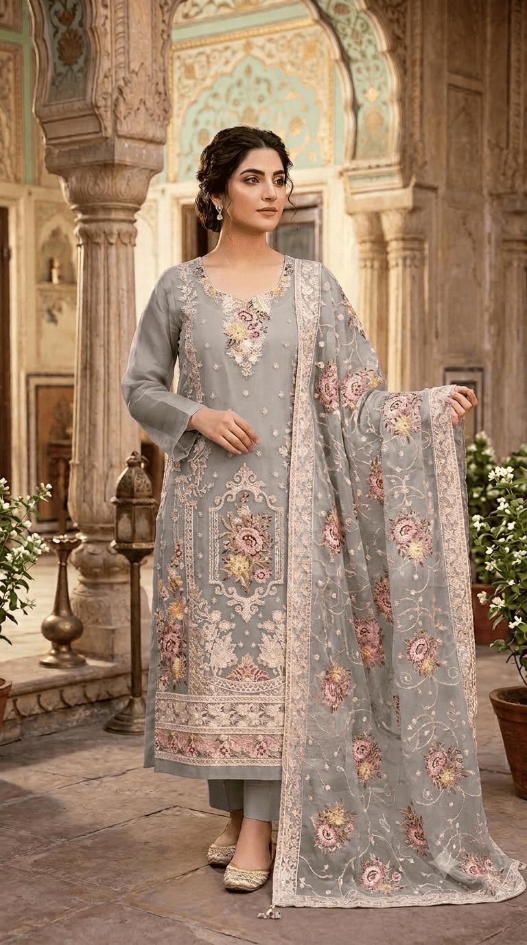 4pc Unstitched Embroidered Organza Suit D-2098