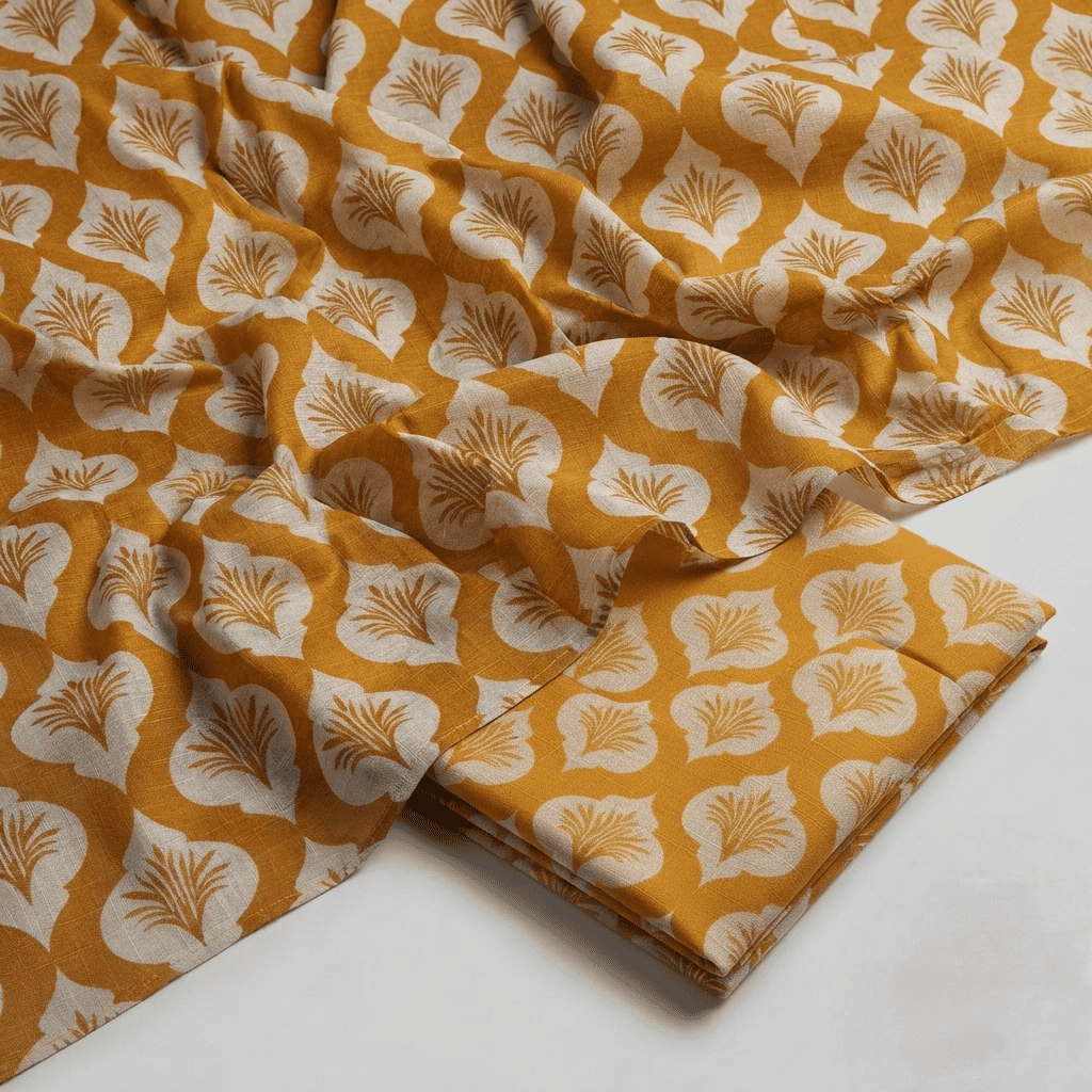 Mustard & Beige Block Print Khaddar 2Pc | Unstitched Suit (Shirt & Trouser) D-2229