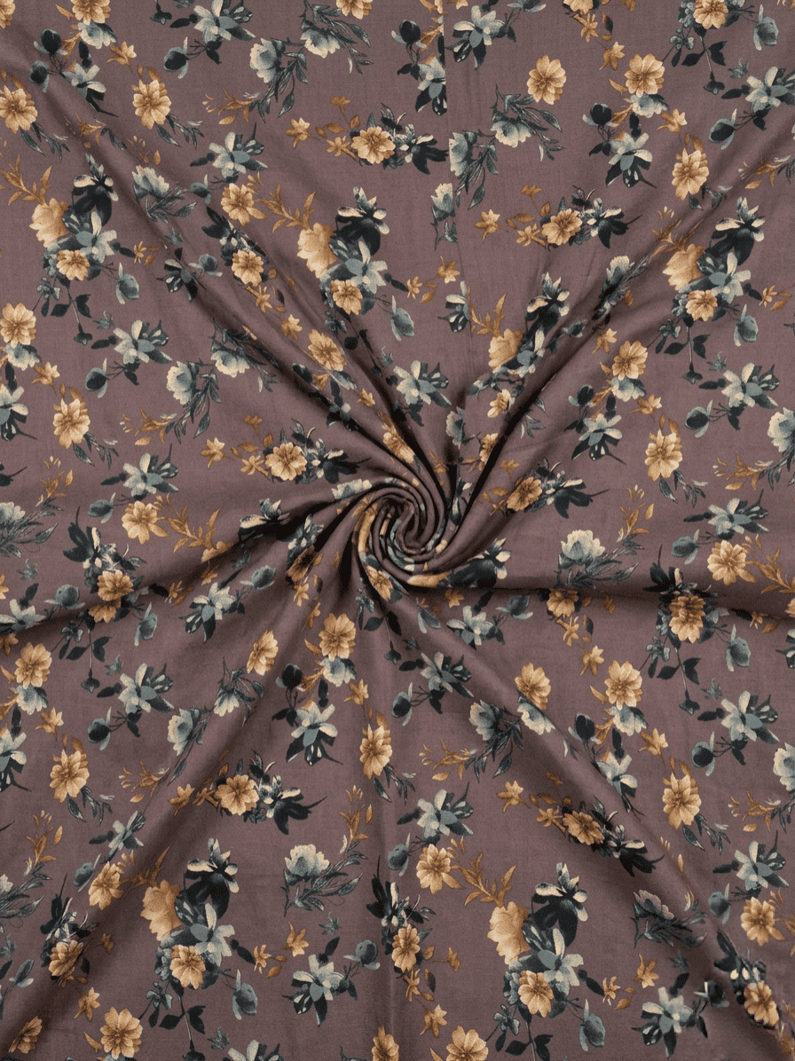 Mauve Brown & Dusty Gold Floral Printed 2Pc | Unstitched Linen Suit D-2156