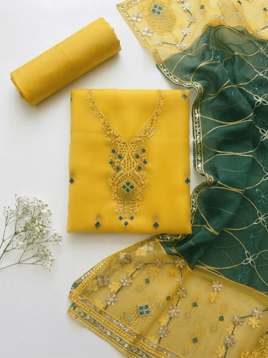 Golden Yellow & Green Embroidered Organza 3Pc Unstitched Suit D-2134