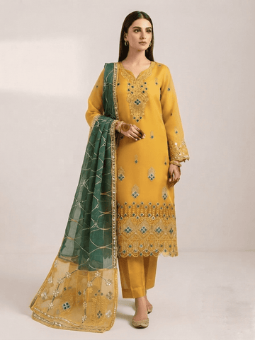 Golden Yellow & Green Embroidered Organza 3Pc Unstitched Suit D-2134