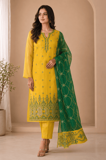 Yellow & Bottle Green Embroidered Organza 3Pc Unstitched Suit D-2133