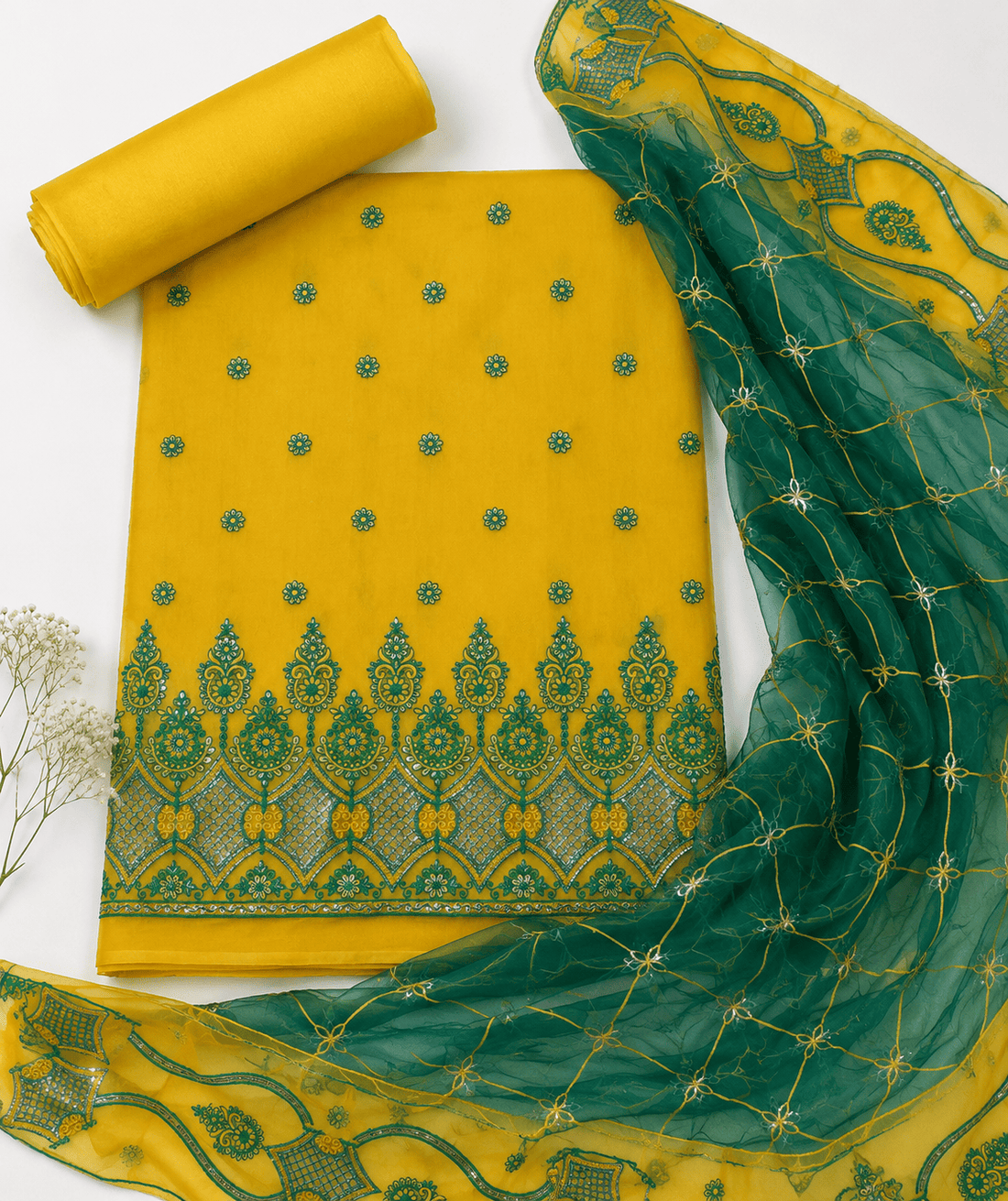 Yellow & Bottle Green Embroidered Organza 3Pc Unstitched Suit D-2133