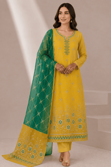 Yellow & Forest Green Embroidered Organza 3Pc Unstitched Suit D-2136