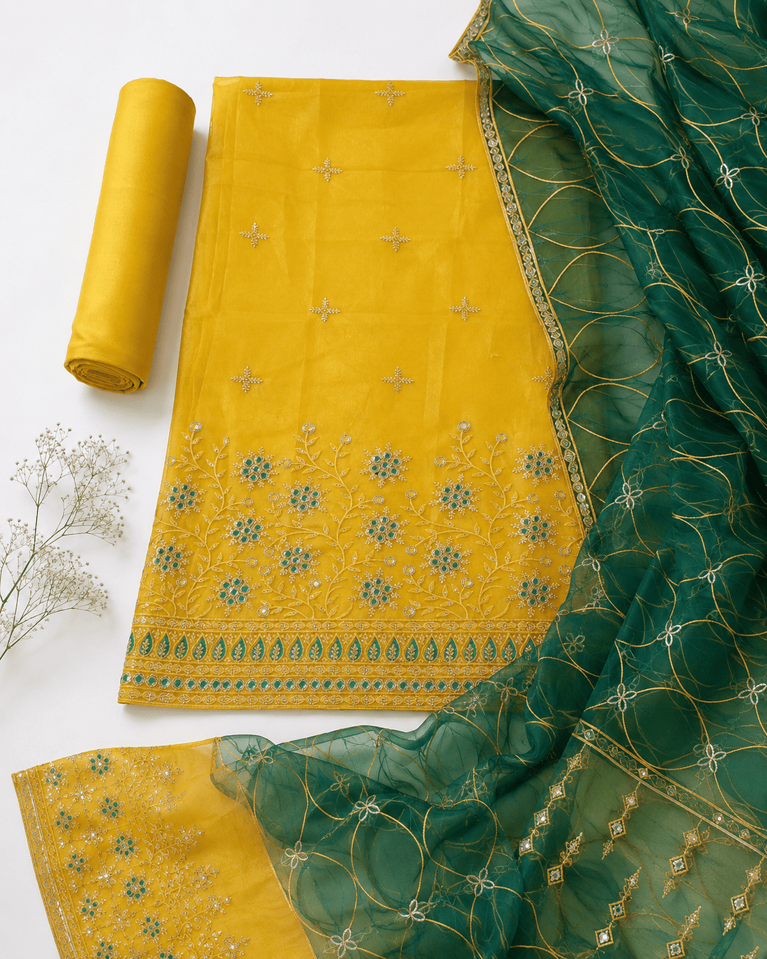 Yellow & Forest Green Embroidered Organza 3Pc Unstitched Suit D-2136