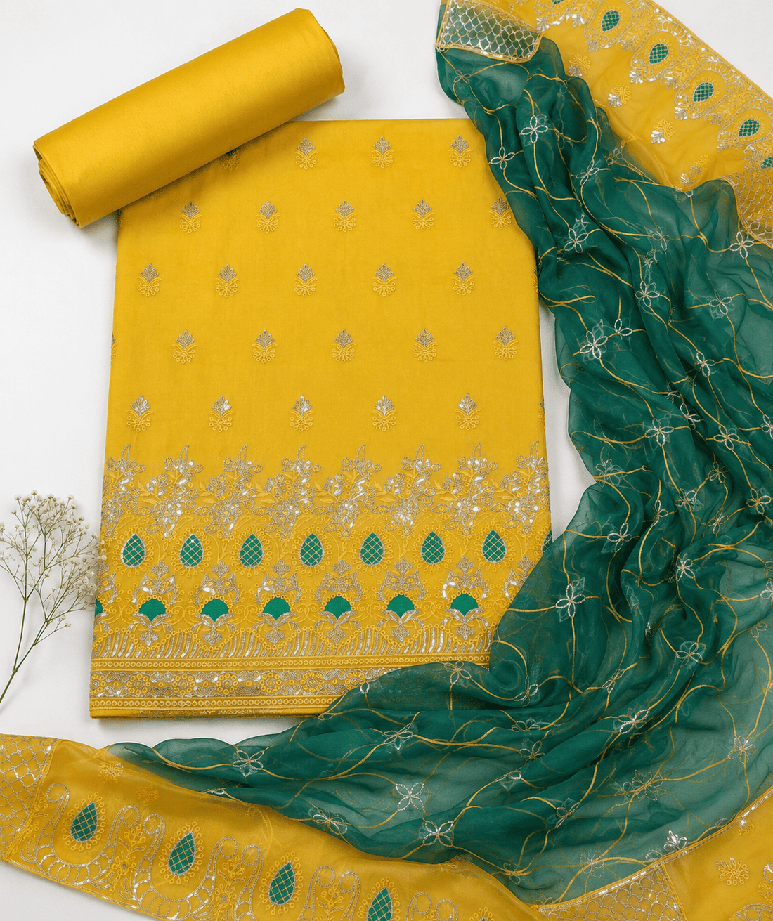 Canary Yellow & Emerald Green Embroidered Organza 3Pc Unstitched Suit D-2135