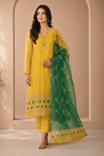 Canary Yellow & Emerald Green Embroidered Organza 3Pc Unstitched Suit D-2135
