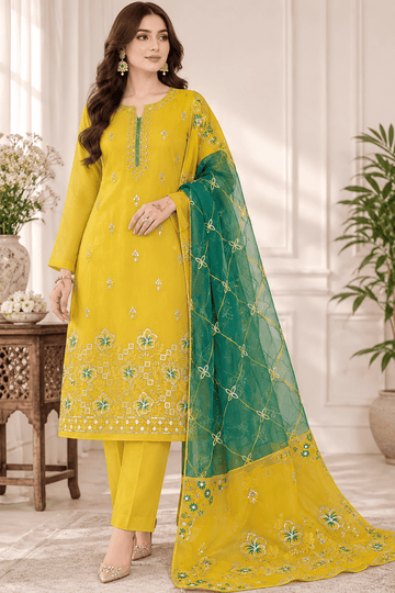 Yellow & Emerald Green 3 pc Embroidered Organza Unstitched Suit D-2132
