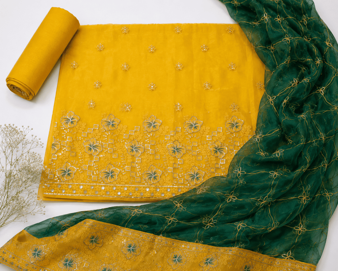 Yellow & Emerald Green 3 pc Embroidered Organza Unstitched Suit D-2132