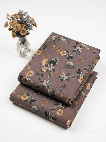Mauve Brown & Dusty Gold Floral Printed 2Pc | Unstitched Linen Suit D-2156