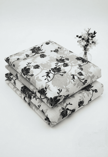 Elegant Black & Grey Floral Leaf Printed Linen 2Pc | Unstitched Suit (Shirt & Trouser) D-2184