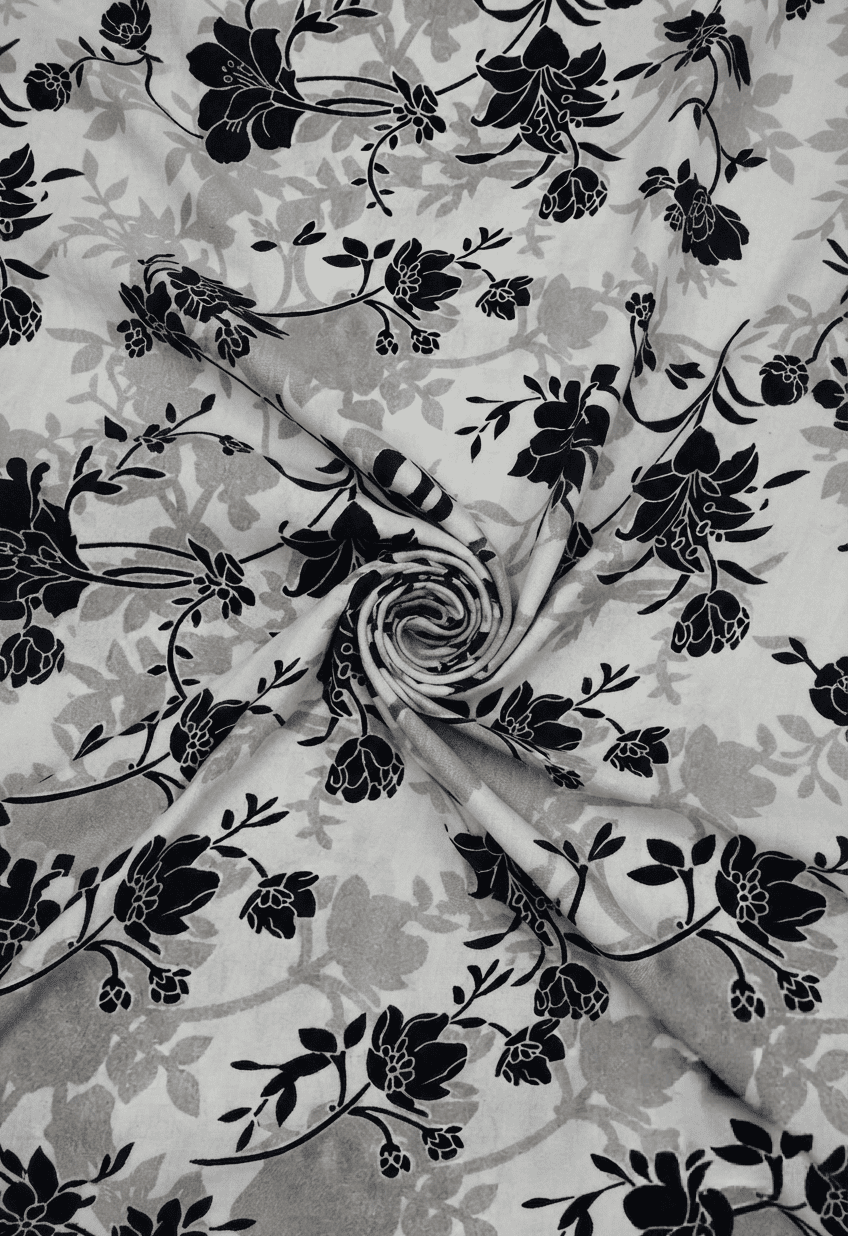Elegant Black & Grey Floral Leaf Printed Linen 2Pc | Unstitched Suit (Shirt & Trouser) D-2184