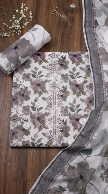 Mauve Grey Floral Printed & Embroidered 3Pc | Unstitched Linen Suit D-2162