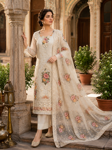 4pc Unstitched Embroidered Organza Suit
