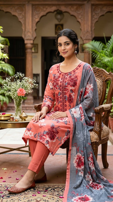 Peach & Grey Floral Linen 3Pc with Embroidered Neckline | Unstitched Suit D-2169