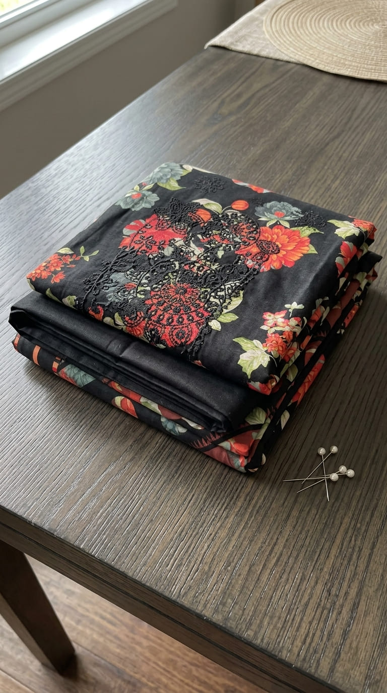 Black & Coral Red Floral Embroidered 3Pc | Unstitched Linen Suit D-2161
