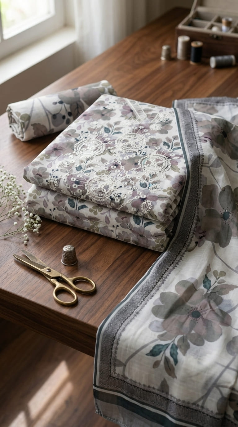 Mauve Grey Floral Printed & Embroidered 3Pc | Unstitched Linen Suit D-2162