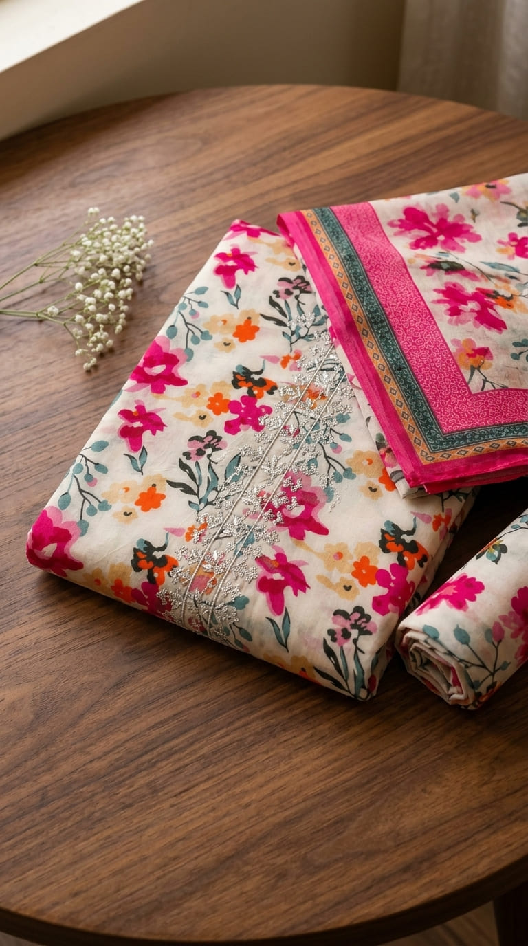 Cream & Vibrant Floral Printed with Embroidered Front 3Pc | Unstitched Suit D-2165