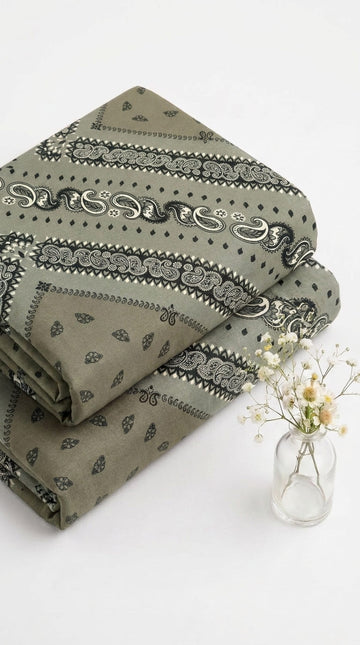 Sage Green & Black Paisley Printed Linen 2Pc | Unstitched Suit (Shirt & Trouser) D-2240