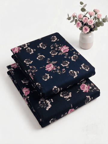 Navy Blue & Pink Rose Floral Printed Linen Unstitched 2Pc (Shirt/Trouser) D-2121