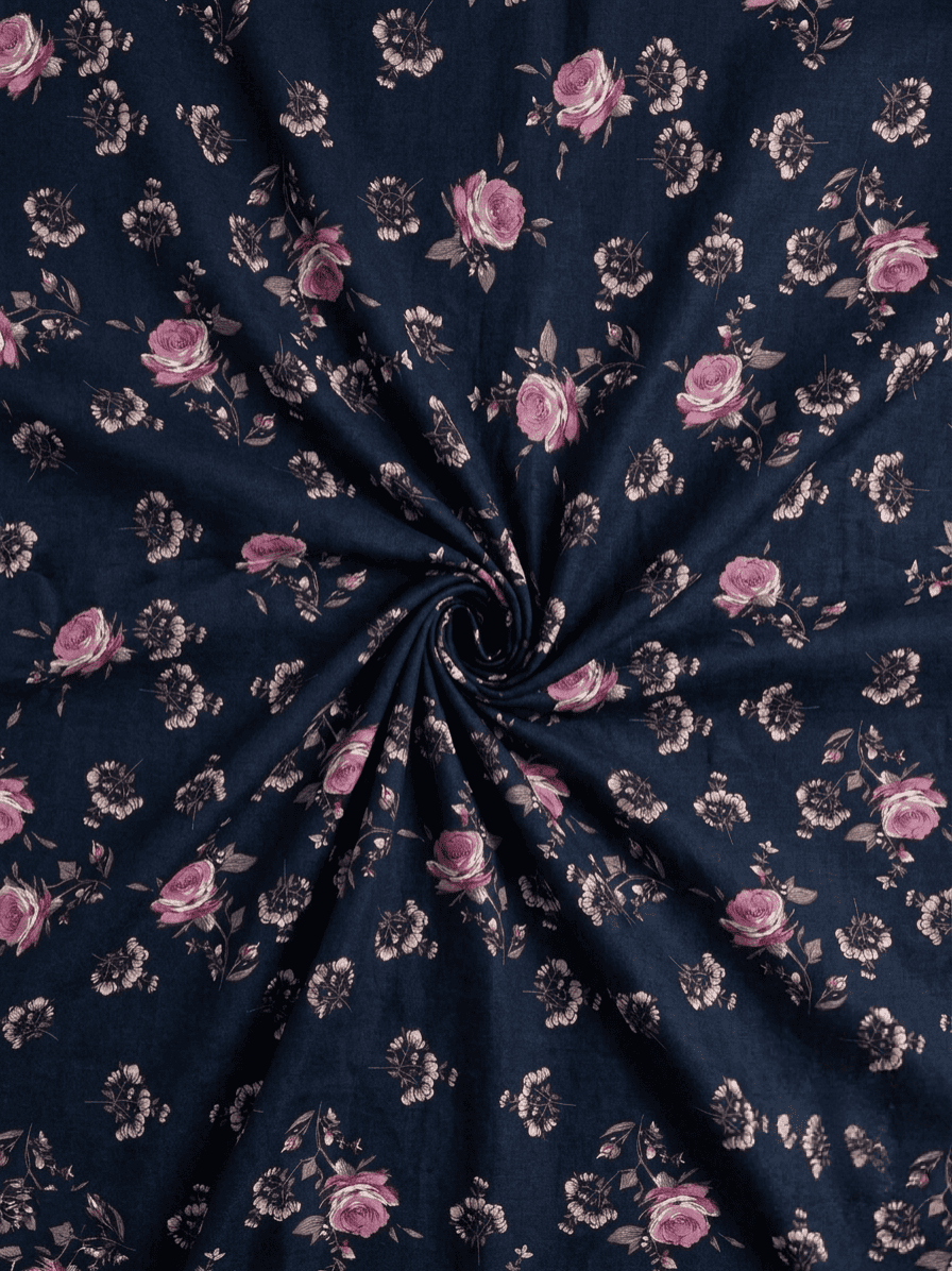 Navy Blue & Pink Rose Floral Printed Linen Unstitched 2Pc (Shirt/Trouser) D-2121