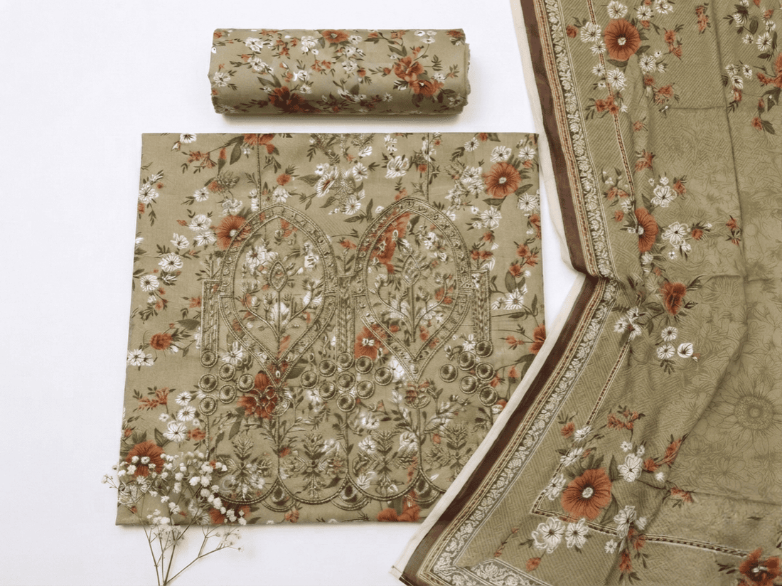 Premium Linen Embroidered & Floral Printed 3Pc | Unstitched Suit D-2163