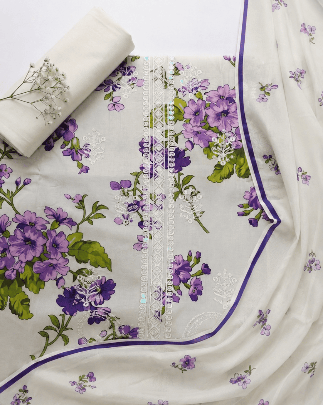 Premium Linen Embroidered & Soft Floral Printed 3Pc | Unstitched Suit D-2164