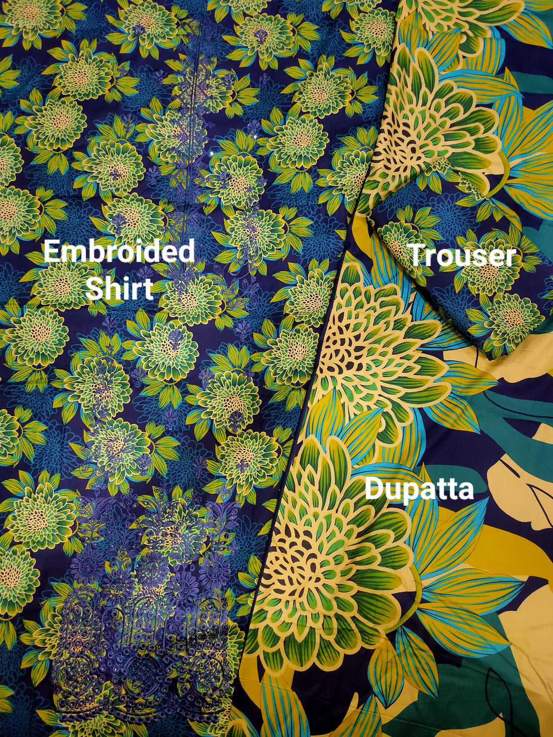 Midnight Blue & Floral Green Embroidered Linen 3Pc | Unstitched Suit D-2138