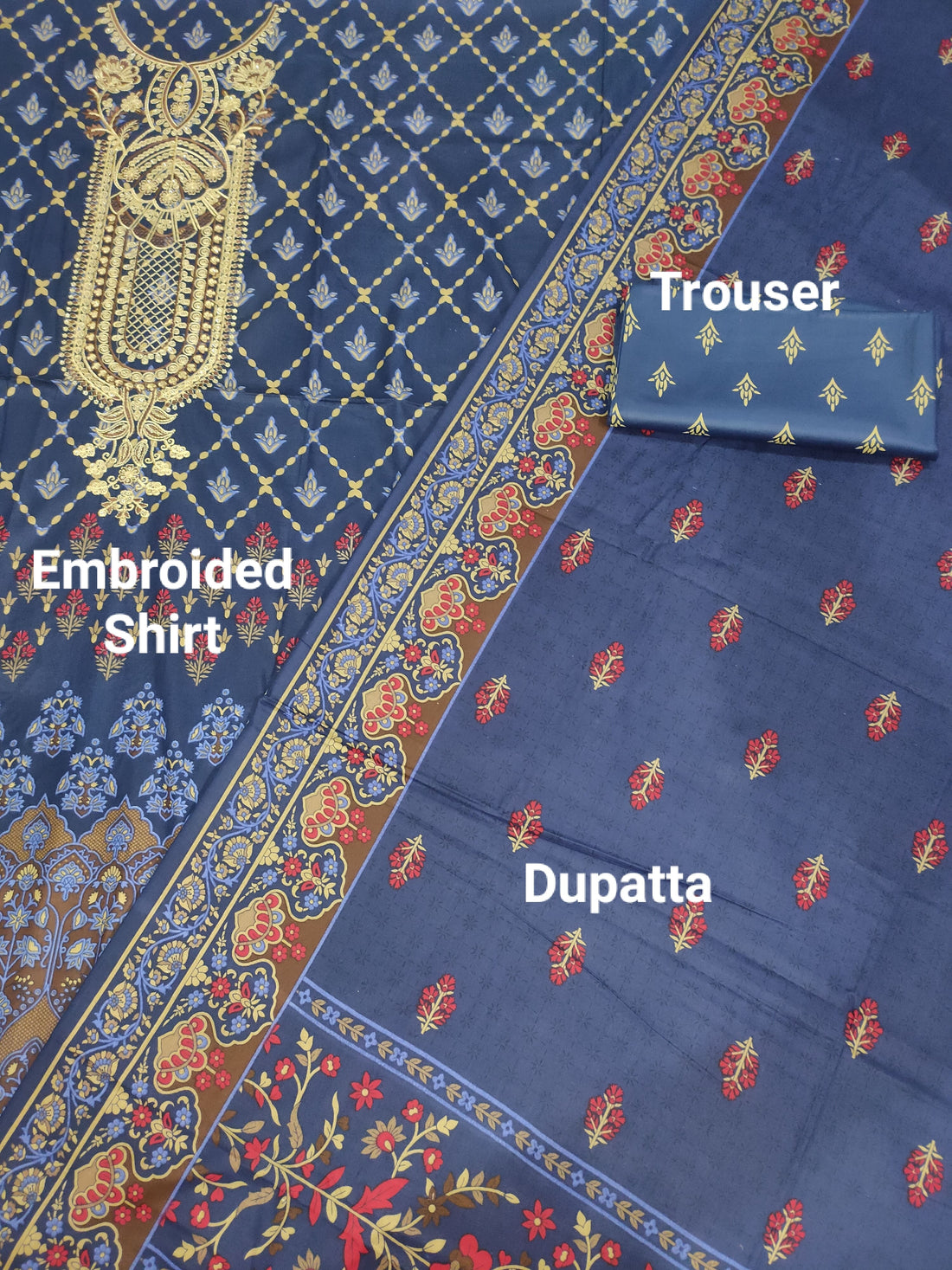 Royal Navy Blue Linen Embroidered 3Pc Unstitched Suit D-2140