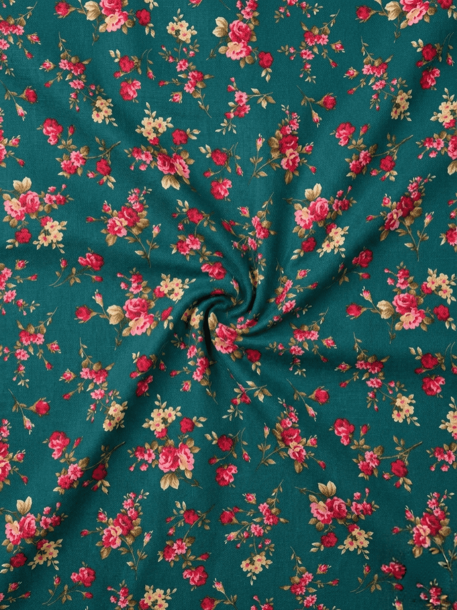 Teal Green & Rosy Pink  Floral Printed 2Pc | Unstitched Linen Suit (Shirt/Trouser) D-2144