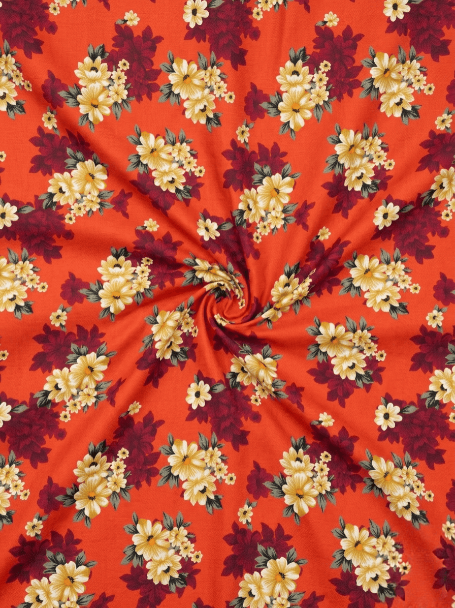 Rust Red & Yellow Floral Printed 2Pc | Unstitched Linen Suit (Shirt/Trouser) D-2145