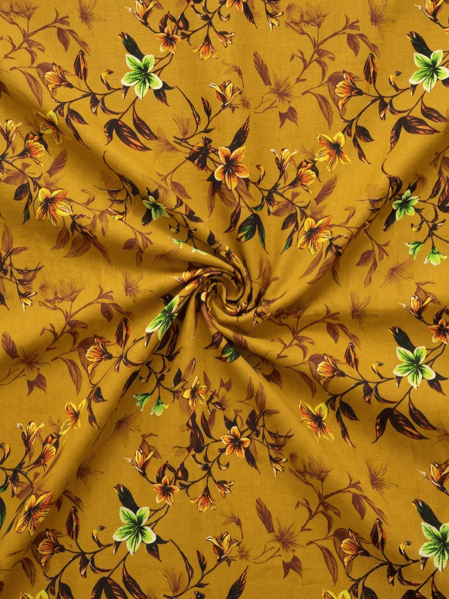 Mustard Floral Printed 2Pc | Unstitched Linen Suit (Shirt/Trouser) D-2147