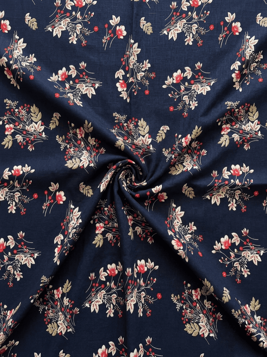 Navy Blue & Coral Red Floral Bunch Printed 2Pc | Unstitched Linen Suit D-2157