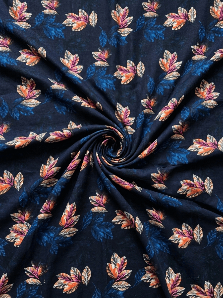 Navy & Tropical Leaf Printed 2Pc | Unstitched Linen Suit (Shirt/Trouser) D-2153