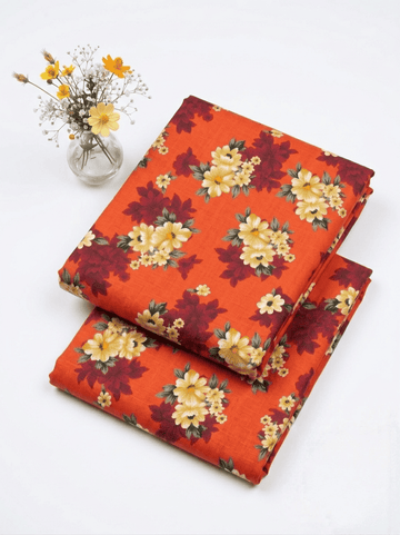 Rust Red & Yellow Floral Printed 2Pc | Unstitched Linen Suit (Shirt/Trouser) D-2145