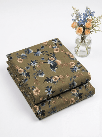Olive Green Floral Printed Linen 2Pc | Unstitched Suit (Shirt/Trouser)D-2142