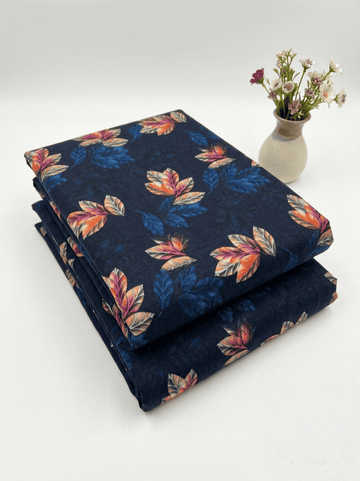 Navy & Tropical Leaf Printed 2Pc | Unstitched Linen Suit (Shirt/Trouser) D-2153