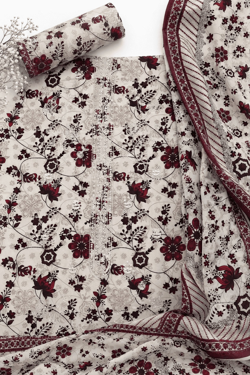 Elegant Maroon Floral Print with Subtle Neckline Embroidery 3Pc | Unstitched Linen Suit D-2168