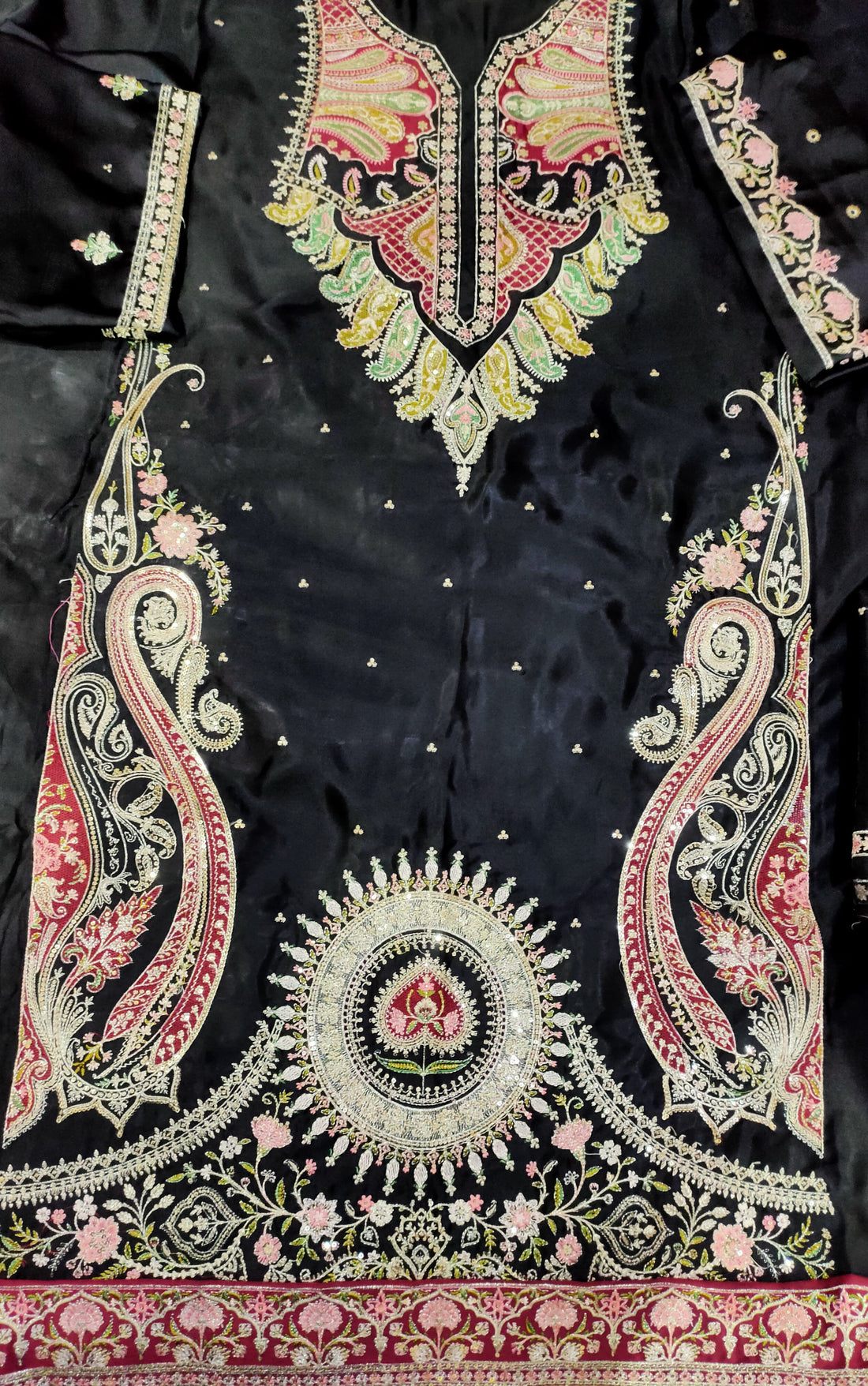 Ethnc Style Jet Black Heavy Embroidered  Silk KAFTAN 3Pc | Unstitched Suit D-2167