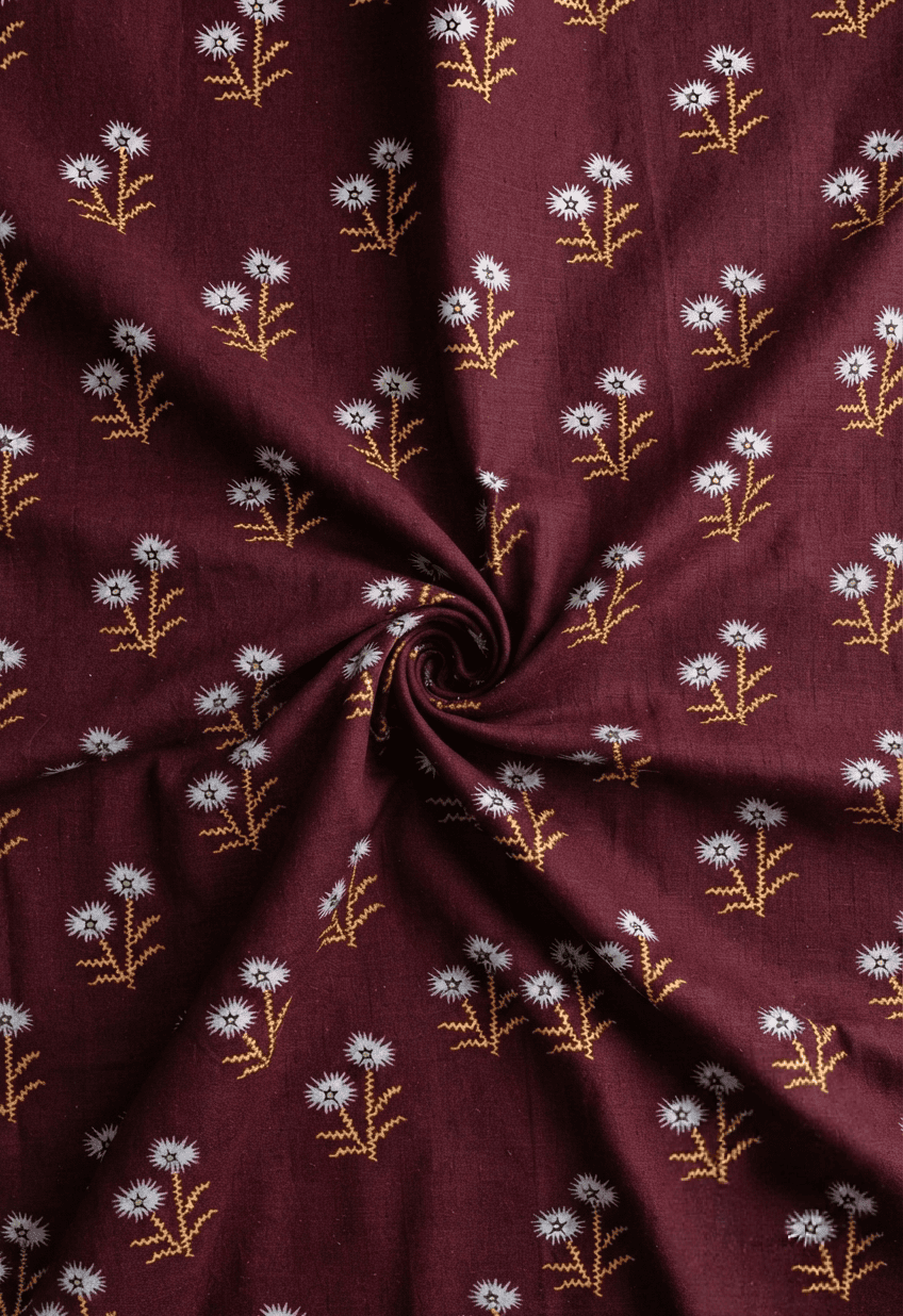 Deep Maroon & White Floral Printed Linen 2Pc | Unstitched Suit (Shirt & Trouser) D-2177