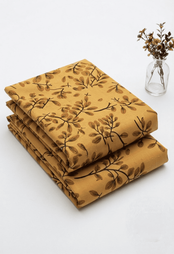 Elegant Mustard Floral Leaf Printed Linen 2Pc | Unstitched Suit (Shirt & Trouser) D-2179