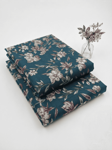 Deep Teal Floral Spray Printed Linen 2Pc | Unstitched Suit (Shirt & Trouser) D-2180